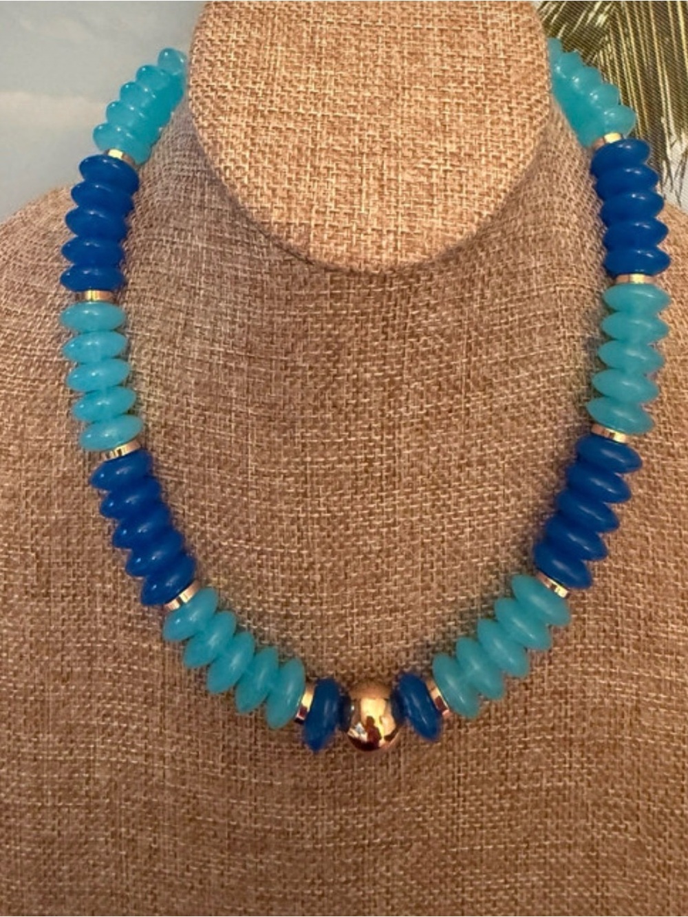 Two-Tone Blue Beaded Necklace with Gold Accent - Women Jewelry